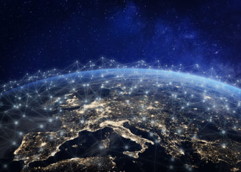 European telecommunication network connected over Europe, France, Germany, UK, Italy, concept about internet and global communication technology for finance, blockchain or IoT, elements from NASA (https://eoimages.gsfc.nasa.gov/images/imagerecords/57000/57752/land_shallow_topo_2048.jpg)