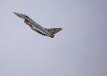 An Italian Air Force Eurofighter Typhoon maneuvers during a joint close air support (CAS) exercise with U.S. Marines attached to the Special Purpose Marine Air-Ground Task Force – Crisis Response – Central Command (SPMAGTF-CR-CC) 19.2 and service members with the Italian Air Force in Kuwait, Nov. 25, 2019. The SPMAGTF-CR-CC works with partner nations on maintaining regional security. (U.S. Marine Corps photo by Sgt. Kyle C. Talbot)