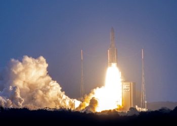 An Ariane 5 rocket carrying Eutelsat telecommunications satellites lifts off from its launchpad in Kourou, French Guiana. Photographer: Jody Amiet/AFP/Getty Images