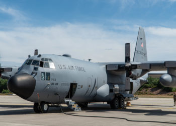 A C-130 Hercules aircraft sits on the ramp at Ramstein Air Base, Germany. / Source: U.S. Air National Guard