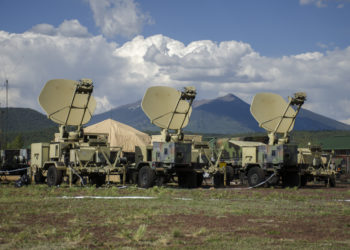 Satellite Transportable Terminals from the 365th Signal Company, aim towards communications satellites at the beginning of the unit’s annual training at Camp Navajo, Ariz., June 3-17. The signal company provided vital communications support to the 158th Maneuver Enhancement Brigade as a major part of their training. (Ariz. Army National Guard photo by Sgt. 1st Class Robert Freese)