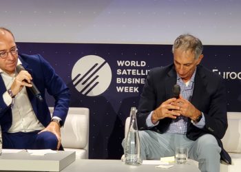 Pacome Revillon of Euroconsult, Mark Dankberg of Viasat, fireside chat at World Satellite Business Week / Source: Alex Goldman