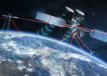 SpaceLink relay satellites on orbit showing optical and RF links