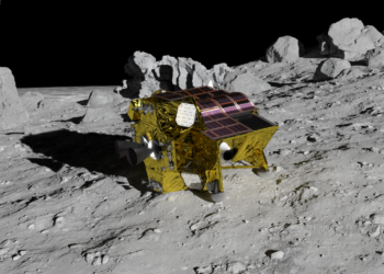An illustration of Smart Lander for Investigating Moon (SLIM) in a possible position on the moon. (Courtesy/JAXA)
