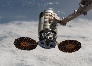 Northrop Grumman’s Cygnus space freighter approaching the International Space Station where the Canadarm2 robotic arm meets it for docking. (Courtesy/NASA)