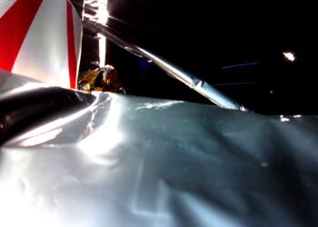 The first image of the Peregrine lunar lander in space. Per Astrobotic, "The camera utilized is mounted atop a payload deck and shows Multi-Layer Insulation (MLI) in the foreground. "(Photo: Astrobotic/X)