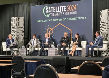 Pictured from left to right: Curt Blake, attorney and strategic adviser at Wilson Sonsini, Kier Fortier, managing director at Exolaunch USA, Marino Fragnito, SVP and head of the Vega unit at Arianespace, Pablo Gallego Sanmiguel, SVP of sales and customers at PLD Space, Stella Guillen, CCO at Isar Aerospace and Kevin Lowdermilk, CEO of Vaya Space